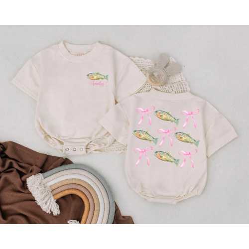 Personalized Pink Bow Fishing Girl Outfit – Bass Fish Baby T-shirt Romper , Cute Outdoor Summer Gift for Baby Girl’s First Birthday