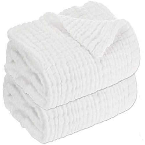 Baby Muslin Bath Towels - Set of 2 Large Size 43X43 Inches Swaddle Blanket for Newborn Toddlers Boys Girls - Suitable for Baby's Delicate Skin(White)