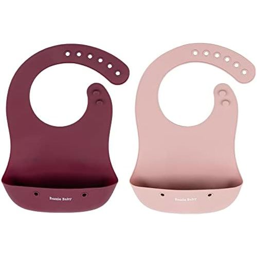 Bazzle Baby Silicone Bibs with Food Catcher - Rolls Up and Button closed for easy travel and storage Waterproof 2-Pk