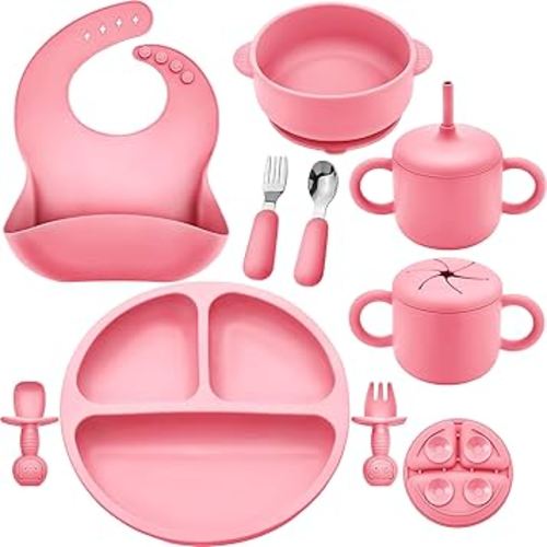 Silicone Baby Feeding Set, Baby Led Weaning Supplies, Eating Essentials Utensils with Suction Plate and Bowl, Pocket Bib, Sippy Cup with Lid, Forks Spoons Snack Container, for 6+ Months, Pink