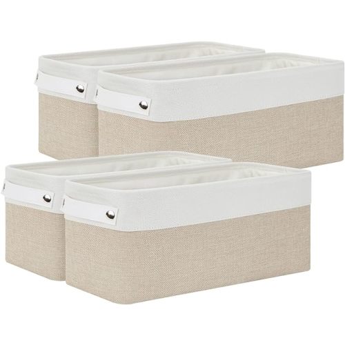 Bidtakay Small Fabric Storage Bins for Organizing Beige Baskets for Home Decor [4-Pack] Toilet Paper Storage Baskets Towel Bathroom Storage Narrow Baskets for Room Office Organization - 15x6x5.5 In - White&Beige-15x6x5.5 In - 4 Pack-White Leather