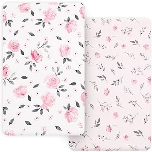 PHF Soft Mini Crib Sheet Set, 2 Pack Silky Comfy Pack N Play Sheets for Girls, Universal Fit for Pack N Play, Playard and Mini Crib Mattresses, Pink Floral