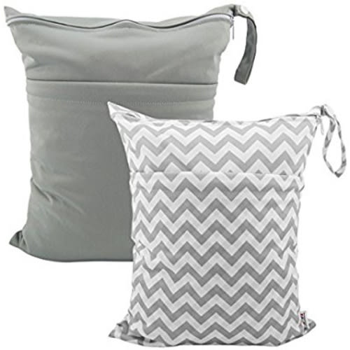 ALVABABY 2pcs Cloth Diaper Wet Dry Bags Waterproof Reusable with Two Zippered Pockets Travel Beach Pool Daycare Soiled Baby Items Yoga Gym Bag for Swimsuits or Wet Clothes L2933 - grey&off-white grid