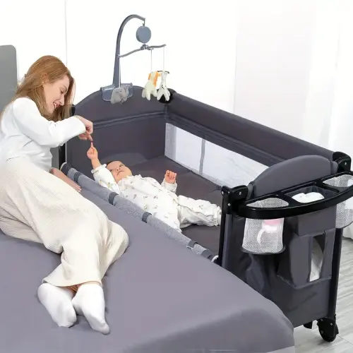 5 in 1 bedside sleeper, pack and play with diaper changer, blackout cover, mattress, music, bedside with storage, grey halloween christmas gift - baby & maternity - Temu