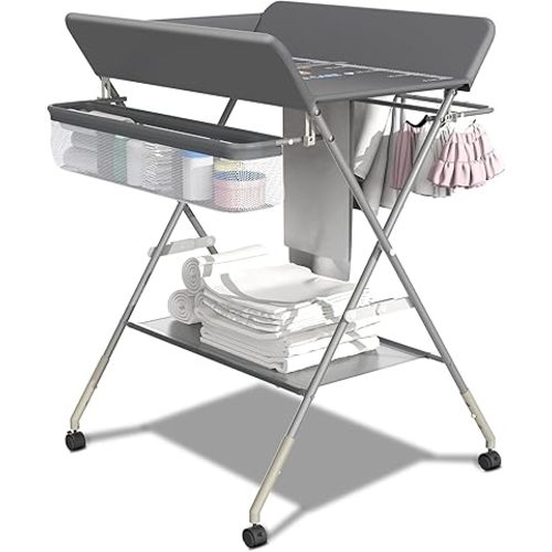 Portable Changing Table for Baby, Foldable Baby Changing Table with Storage, Diaper Changing Station for Nursery, Small Infant Changing Table with Wheels & 3-Level Adjustable Height