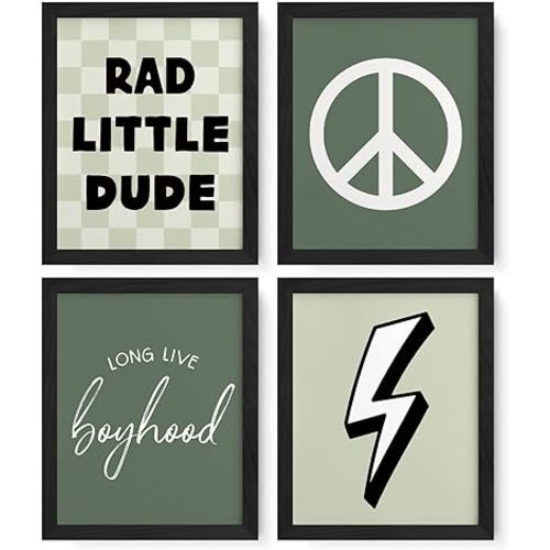 JXREQ Long Live Boyhood Wall Art Prints Set of 4, Boys Room Decor Toddler Boy Kids Room Playroom Nursery Wall Art Green, 8x10 Inch Unframed