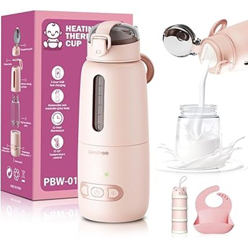 Portable Bottle Warmer for Travel, Baby Bottle Warmer Set with Formula Dispenser and Bib, 10 Ounces Big Capacity, 15000mAh Battery,USB-C Fast Charge,for Formula, Breastmilk, Fast Heating Pink