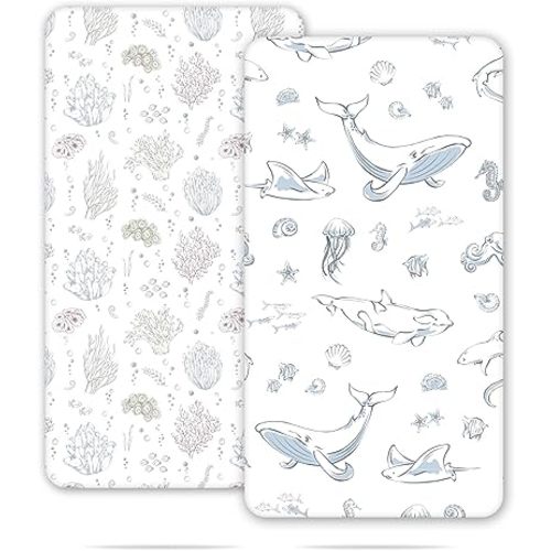 TCBunny 2 Pack Premium Fitted Baby Muslin Crib Sheets 28"x52" for Standard Crib Mattress - Ultra-Soft Cotton, Marine Paradise Pattern, Safe and Snug for Baby