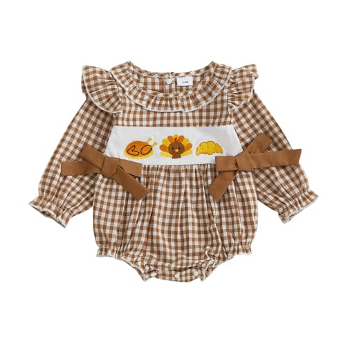 mlpeerw My First Thanksgiving Baby Girl Outfit Newborn Turkey/Pumpkin Smocked Bubble Romper Bodysuit Cute Halloween Clothes