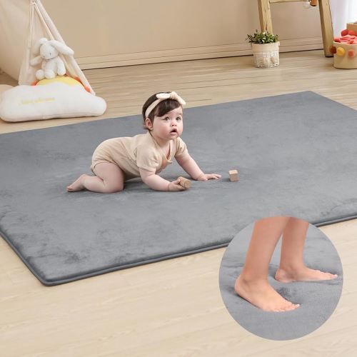 Memory Foam Baby Play Mat for Playpen,Thick & Large Crawling Mat for Floor,Soft Velvet Tummy Time Surface,Non-Slip Play Area for Kids,Toddlers,Infants in Nursery & Playroom(79"×118",Dark Gray)