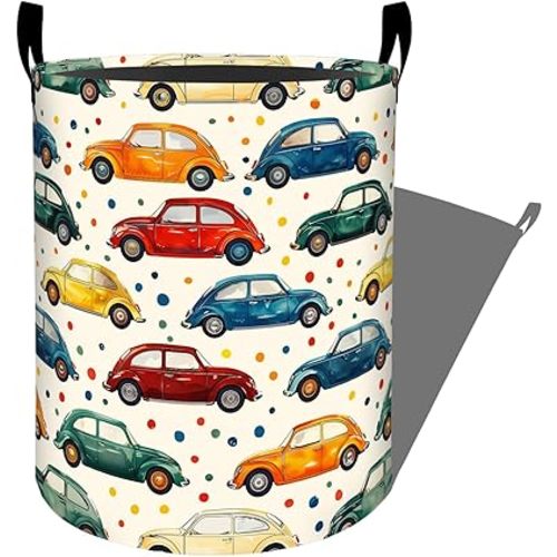 Colorful Cars Polka Dots Pattern Laundry Basket with Handles, 19.7"x15.7" Clothes Foldable Laundry Hamper Organizer for Dorm Nursery Bedroom Bathroom Decor, Toy Storage Bin for Kids