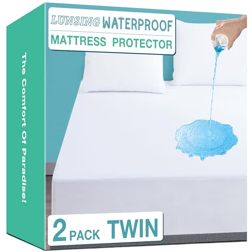 Lunsing 2 Pack Waterproof Twin Mattress Protector, Noiseless, Breathable, and Soft Twin Size Mattress Pad Cover with 6-16 inches Deep Pocket, White