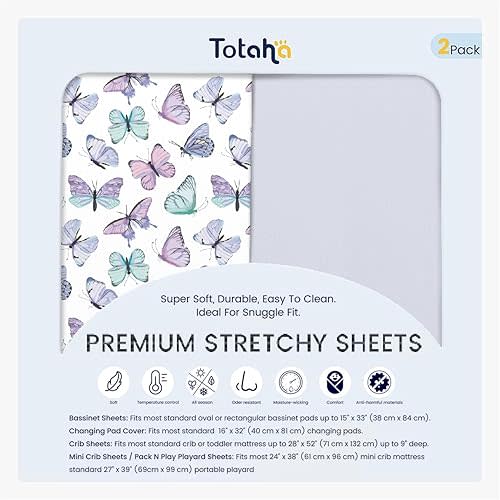 TotAha Premium Stretchy Changing Pad Cover, Buttery Soft Diaper Changing Pad Covers for Girls Boys, Super Stretchy Jersey Knit Changing Table Covers2-Pack, Purple Butterfly