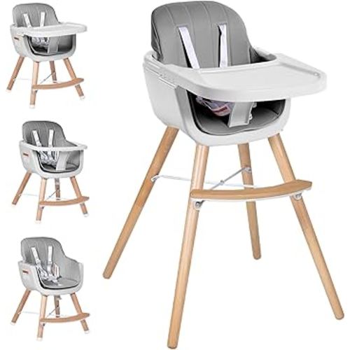 High Chairs for Babies and Toddlers,3 in 1 Convertible Wooden highchair, Baby High Chair with Adjustable Legs,5 Point Harness, Footrest, Dishwasher-Safe Tray & PU Leather Cushion, Gray