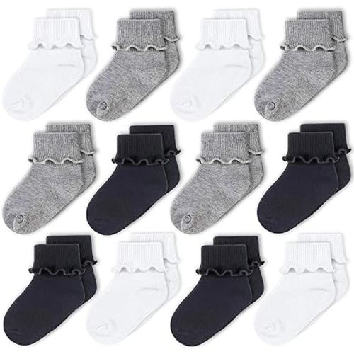 CozyWay Baby Girls Socks Ruffle Ripple Edge Turn Cuff Socks for Baby Toddler Girls | 12-Pairs
