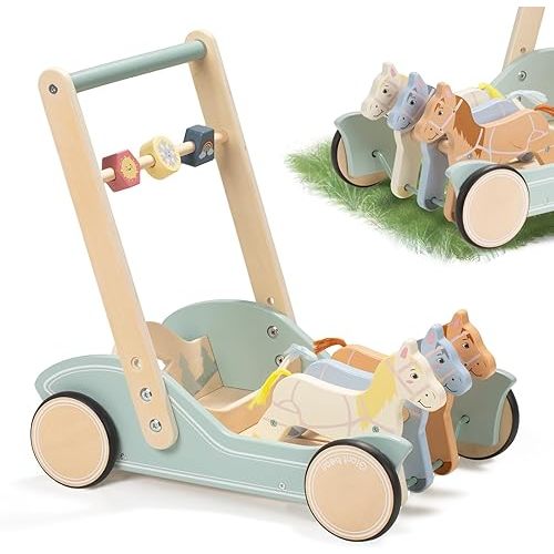 Wooden Baby Walker for Boys Girls Ages 1-3, Galloping Ponies Push and Pull Activity Walker Adjustable Speed, Baby Push Walker Christmas Gift for Toddler Kids Motor Skills & Creativity