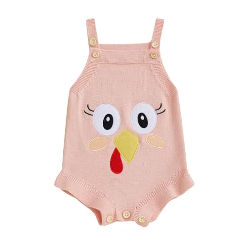 KtwHarnu Newborn Baby Girl Thanksgiving Outfit Turkey Embroidery Knit Sleeveless Romper Ruffle Sweater Bodysuit Overalls