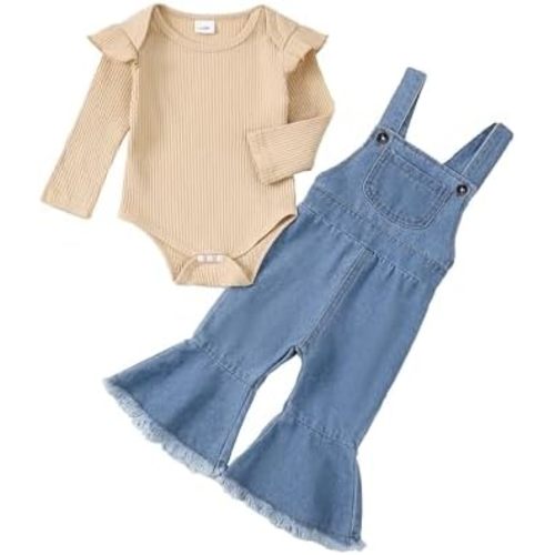 SUNNY PIGGY Newborn Baby Girl Clothes Ruffle Long Sleeve Ribbed Romper Flare Pants Jumpsuit Infant 2pcs Outfits