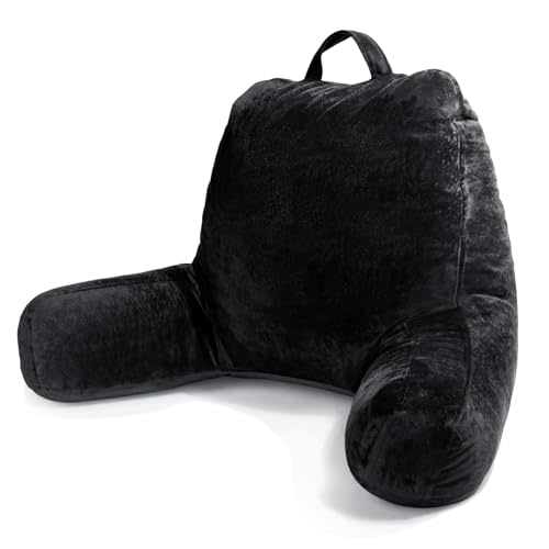Sasttie Reading Pillow, Velvet Back Pillow for Bed Sitting Up, Adult Back-Rest Support Cushion with Arms for Sit Up on Couch, Sofa, and Floor, Dorm Essentials, Reading Accessories, Black