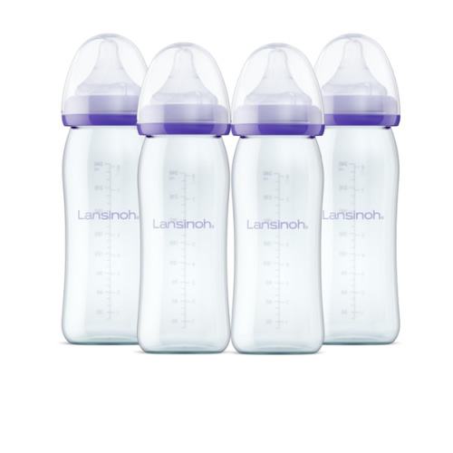 Lansinoh Anti-Colic Glass Baby Bottles, 8 Ounces, 4 Count Bottles for Feeding, Baby Essentials, Includes 4 Medium Flow Nipples, Size M