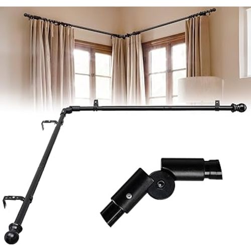 Corner Curtain Rod for Windows 1 Inch Heavy Duty Metal L Shaped Curtain Rod for Corner Window 32-134” Adjustable Long Curtain Rods with Decorative End Black