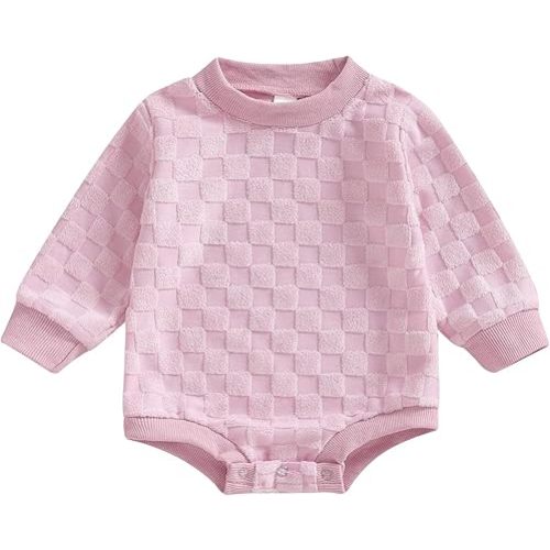 FYBITBO Fall Baby Girls Clothes Newborn Fleece Checker Romper Bubble Oversized Sweater Bodysuit Infant Outfits Cute Clothing