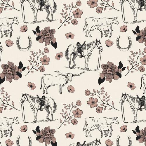 Lovey, Baby Blanket, or Adult Blanket: Floral Horse and Cowboy Toile de Jouy. Western. Cowgirl. Horses. Cattle. Flowers. Steer. Cows. Mauve.
