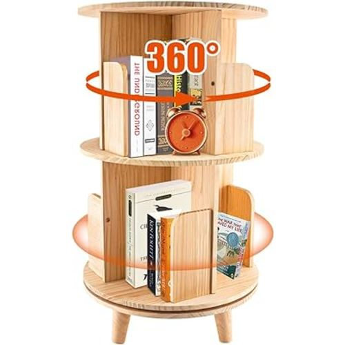 2 Tier Rotating Bookshelf 360 Display Floor Standing Bookcase Storage Rack for Kids&Adults Bookshelf Organizer Spinning Bookshelf Tower Book Rack for Classroom Free Standing Wood Bookcases