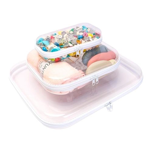 3PCS Clear Hard Shell Zipper Cases, Portable Clear Organizer Pouches for Home Storage, Double Zippered Plastic Travel Case, Cosmetic Bag for Make Up Tools, Toiletries, Toy Storage(White)
