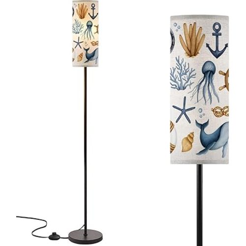 Modern Standing Lamps Nautical watercolor set Ship Equipment Steering wheel Porthole Anchor Floor Lamp Metal Pole Lamp with Linen Lampshade for Bedroom Living Room Office Nursery Reading Foot Switch