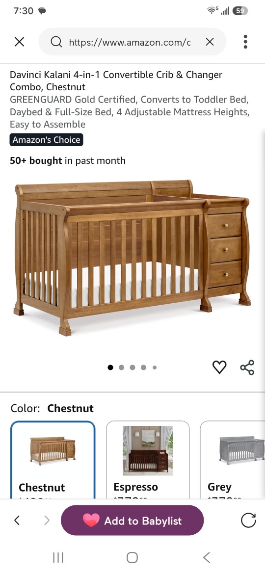 Davinci Kalani 4-in-1 Convertible Crib & Changer Combo, Chestnut