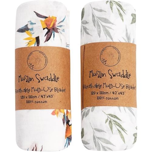 Eka's Bliss Cuddles And Snuggles® 2 Pack Premium Cotton Muslin Swaddling Wrap Nursery Essential 120cmx 110cm, Breathable, Multi-use Swaddle Receiving Blanket Super Soft, Ideal For Newborn And Toddlers