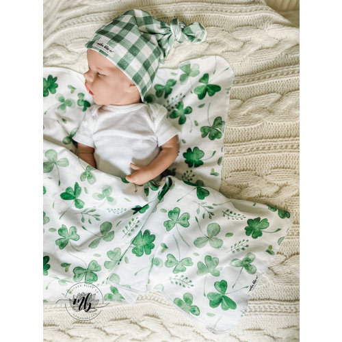 Watercolor Cute Shamrock Clover Leaves Swaddle Blanket + Knotted Beanie Hat or Bow Headband |  St Patricks Lucky Blanket | Lucky Swaddle Set
