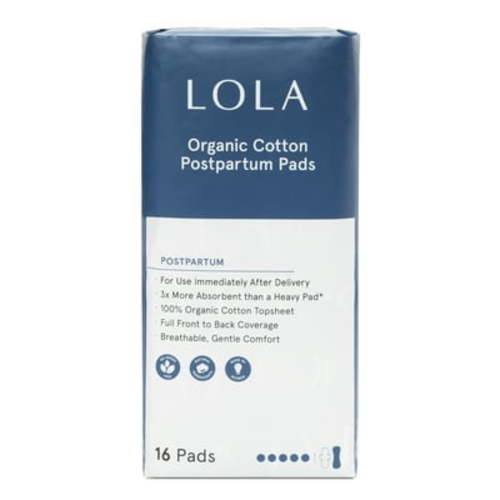 LOLA Organic Cotton Postpartum Pads - 16 Pads - Complete Coverage - 100% Organic Cotton Top Sheet
