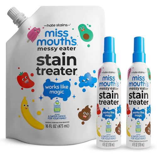 Miss Mouth’s Messy Eater Stain Treater Refill Ready Kit - 2 Pack Stain Remover Spray and 16oz Refill Pouch - Newborn & Baby Essentials - Food, Grease, Coffee Off Laundry, Underwear, Fabric