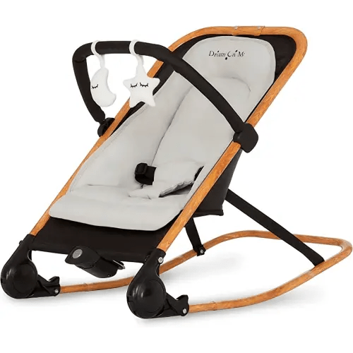 Dream On Me Rock On Me 2-in-1 Baby Rocker and Stationary Seat, Adjustable Recline, Gentle Music & Vibration, 3-Point Safety Harness, Detachable Toy Bar, Folds Compact for Travel – Black & Grey