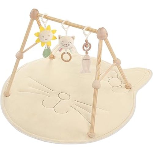Wooden Baby Gym Cotton Play Mat, Cat, 4-in-1 Super Soft Infant Activity Tummy Time Playmat for 0 to 3 6 9 12 36 Months Babies, Removable Toys for Sensory & Motor Skill Development