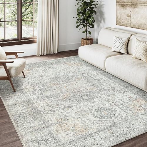 5x7 Area Rugs for Living Room Light Green Vintage Machine Washable Rugs Lightweight Chenille Rug Low Pile Carpet Throw Rug for Bedroom Office Dining Room Kitchen Laundry Room Non Slip