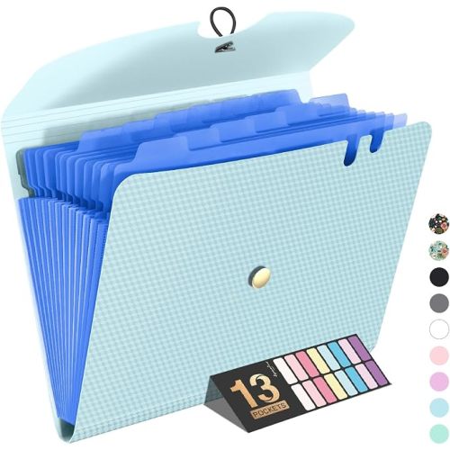 Sooez Expanding File Folder, 13 Pocket Accordion File Organizer, Monthly Expandable File Folder for Documents with Labels, Portable Bill Receipt Organizer for School Office Supplies, Letter A4 Size