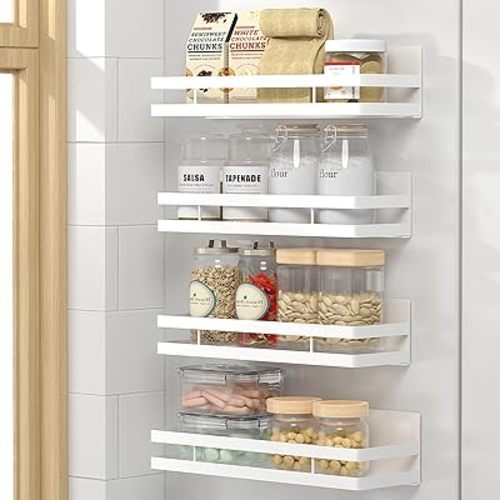Magnetic Spice Rack for Refrigerator 4 Pack, Moveable Magnetic Shelf for Fridge and Oven,White Magnetic Spice Rack for Kitchen Organizers and Storage, with 8 Moveable Hooks