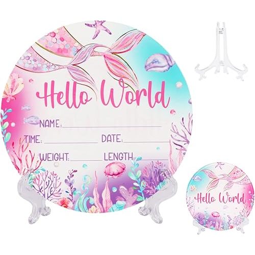 Acrylic Baby Birth Announcement Sign with Stand, Ocean Mermaid Theme Double-Sided Newborn Name Board Purple, Hello World Milestone Card for Welcome Baby Hospital Nursery Gift Photo Prop