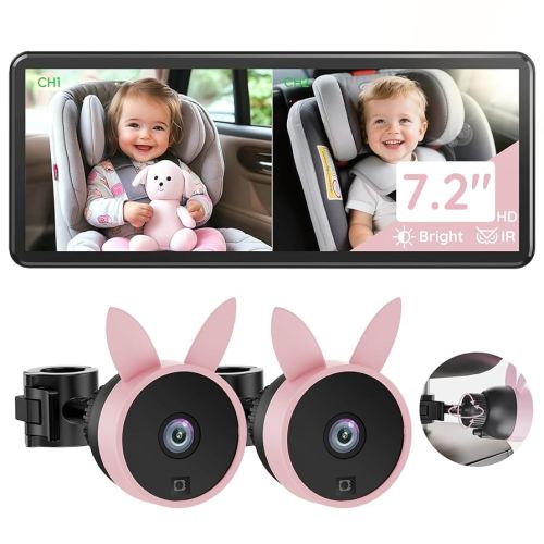 BV3 PRO Baby Car Camera for 2 Kids - 7.2" Large HD Display Dual Channel Baby Monitor, 1080P IR Night Vision Car Seat Camera, Easy Install Rear-Facing View – Ideal for Kids and Pet Safety