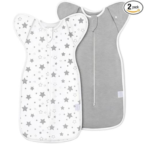 2-Pack Baby Swaddle Sleep Sack 0-3 Months - Arms Up Transitional Swaddle for Newborns, Baby Sleep Sack with Cuff Removable & 2-Way Zipper, Gray Stars Design