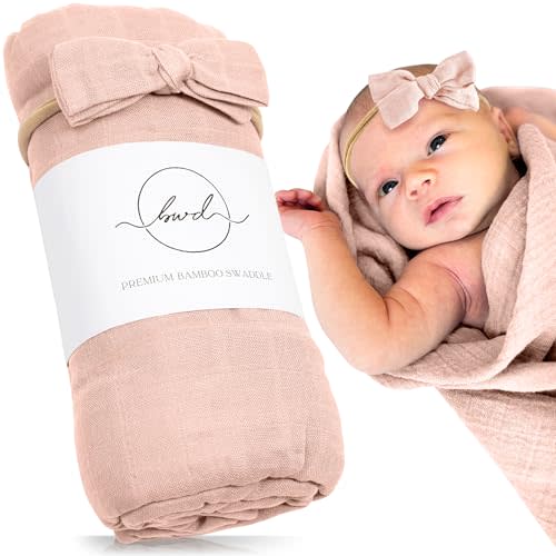 Premium Swaddle Blanket by BWD - Bamboo Viscose & Organic Cotton - Baby Girl Swaddle Set for Newborns and Infants, Muslin Baby Blanket, Ultra-Soft Luxury - 47 Inches (Dusty Blush)
