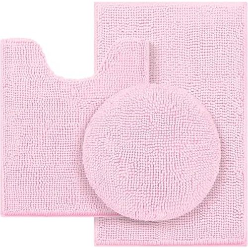 HOMEIDEAS 3 Pieces Light Pink Bathroom Rugs Set, Ultra Soft Non Slip Bath Rug and Absorbent Chenille Bath Mat, Includes U-Shaped Contour Rug, Bath Mat and Toilet Lid Cover, Perfect for Bathroom, Tub