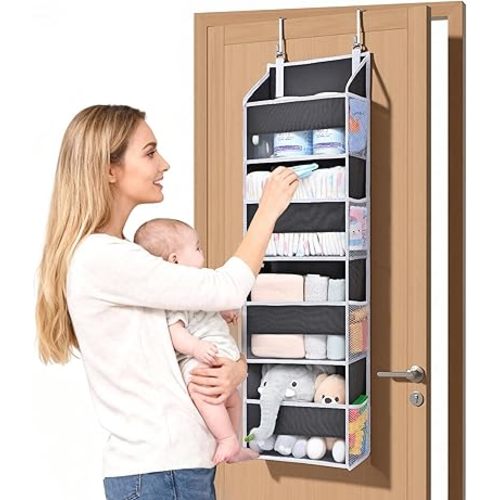 ULG 1 Pack Small Over Door Organizer with 4 Large Pockets 8 Mesh Side Pockets, Hanging Storage Organizer with Clear Window Kids Toys Deep Gray