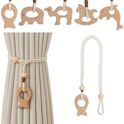 Wooden Animal Curtain Tie Backs- Cotton Rope Tiebacks Window Treatment Holdbacks with Natural Wood Beads for Home Outdoor Room Decor (2Pack, Fish)