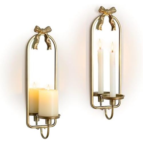 Gold Mirrored Candle Sconces Set of 2 with Arch Metal Frame