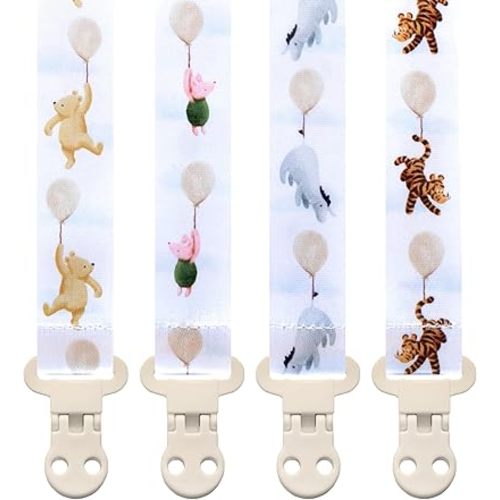 Baby Pacifier Clip Holder - Girl or Boy Unisex Neutral 4 Pack Gift Set – Vintage Winnie Teddy Bear and Friends