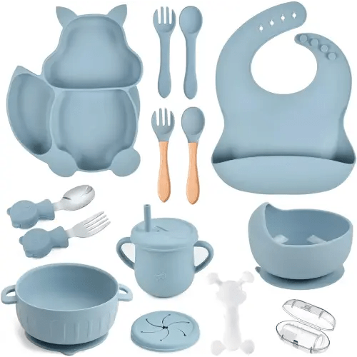 Silicone Baby Feeding Set 15 Pcs，Baby Spoons Suction Bowl Divided Plate Bib Cup Finger Brush Teething Teether Training cups,Baby Led Weaning Supplies（blue）